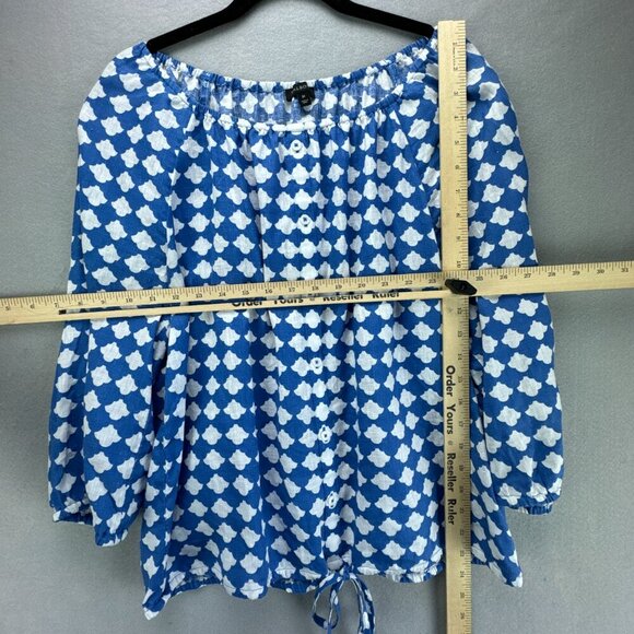 Talbots Top Womens Medium Blue White Pullover Linen Elastic Tie Hem 3/4 Sleeve - Picture 7 of 14